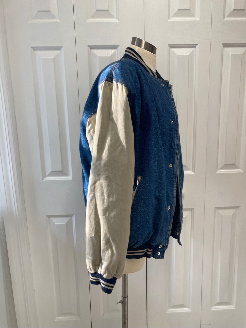 Vintage Blue Denim Bomber Jacket with Tan Sleeves - Picture 6 of 14